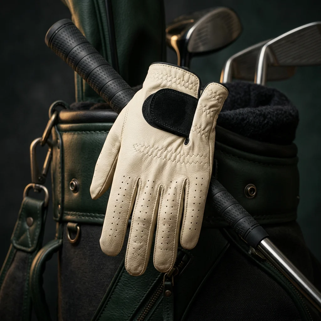 Custom cabretta leather golf glove sizing chart reference with logo on closure tab