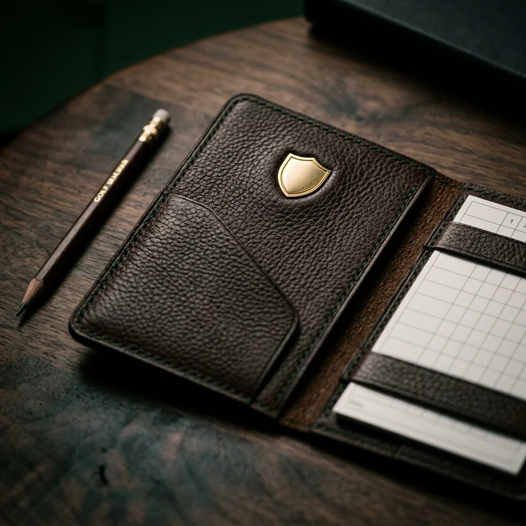 Debossed vs embossed logo detail: a debossed logo on a leather golf scorecard holder