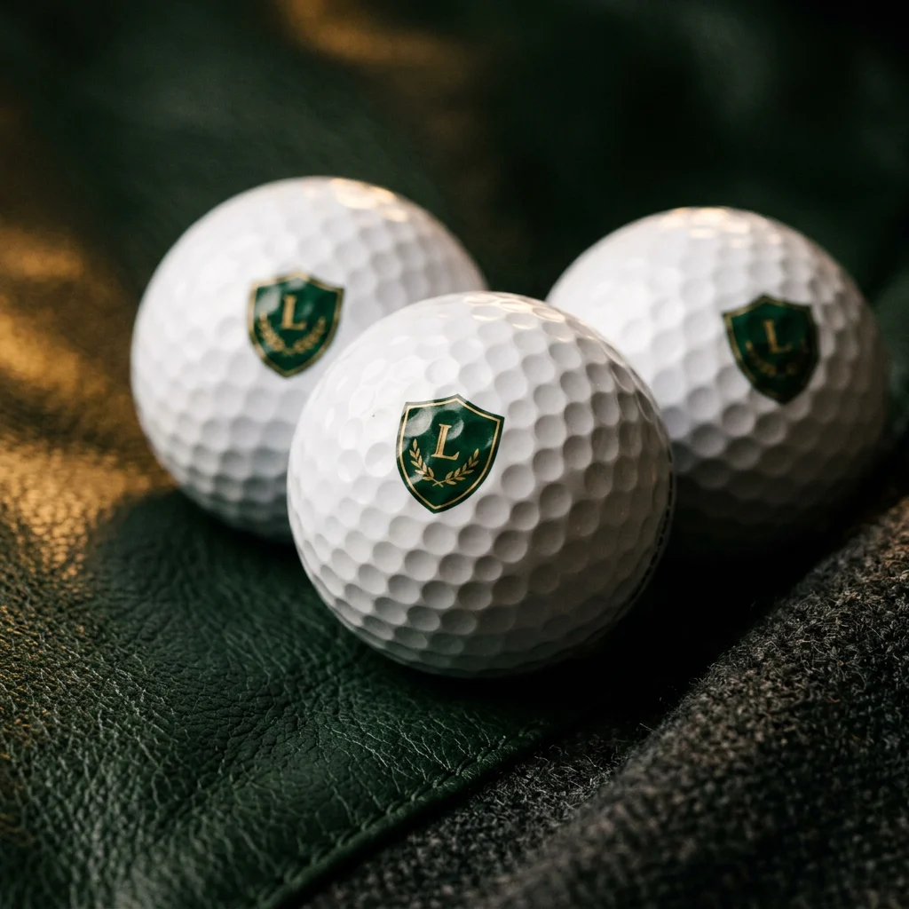 Golf ball logo printing close-up showing a pad-printed logo across the dimples