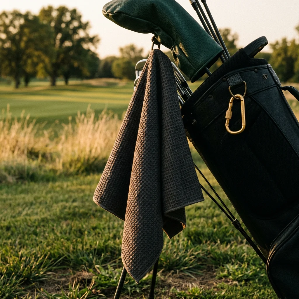 Custom waffle microfiber golf towel as a golf tournament gift idea with embroidered logo